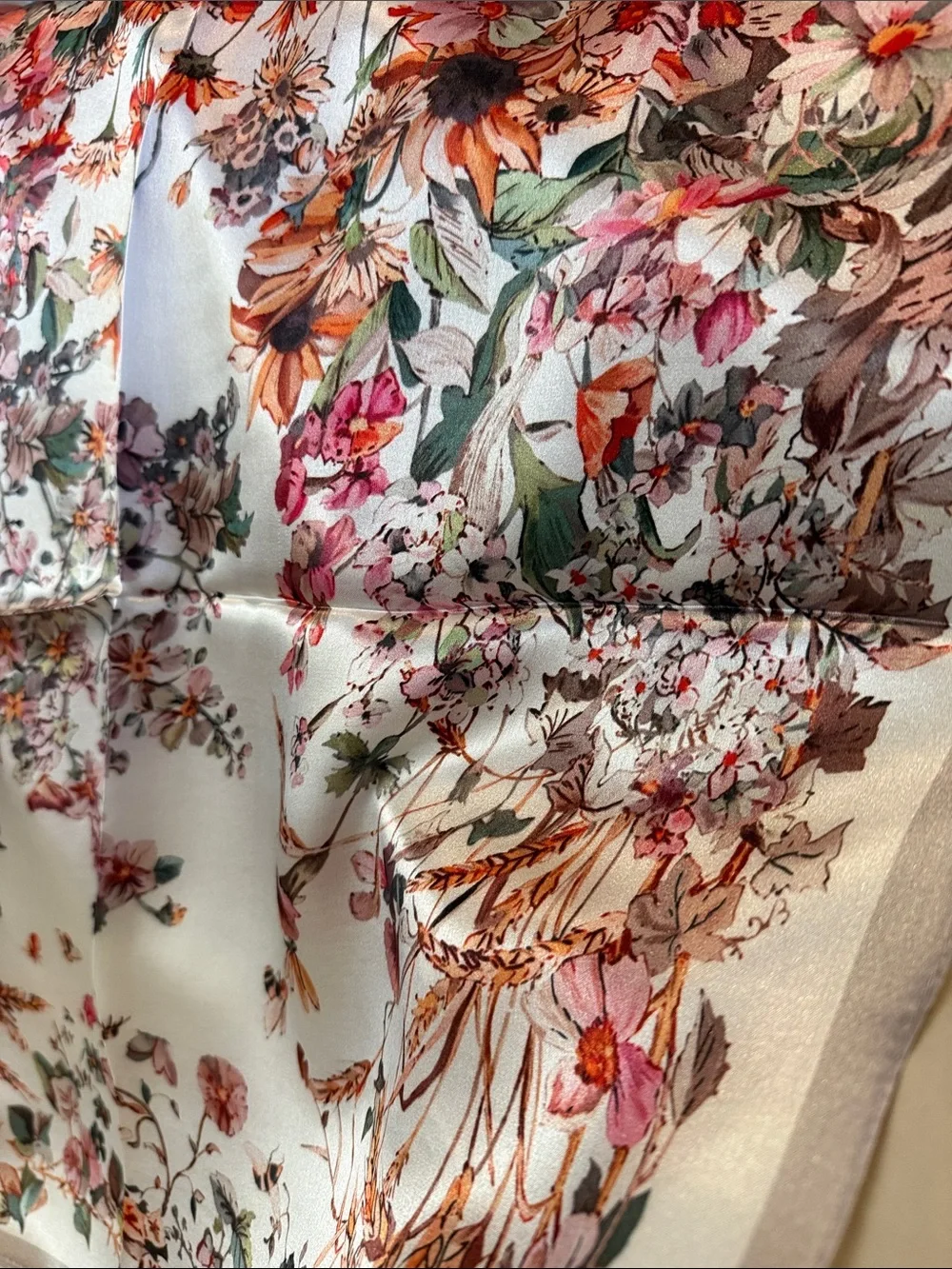 100% Silk Scarf Floral Print Decorative in Pink and Cream